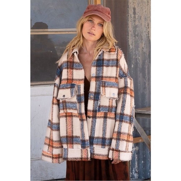 NEW Anthropologie POL Womens Beige Multi Buffalo Plaid coat oversized Large - Picture 10 of 10